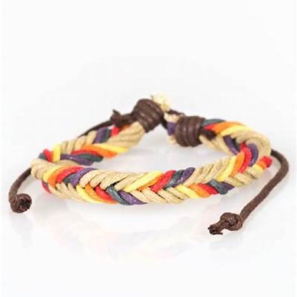 Multicolored twine adjustable sliding knot bracelet.